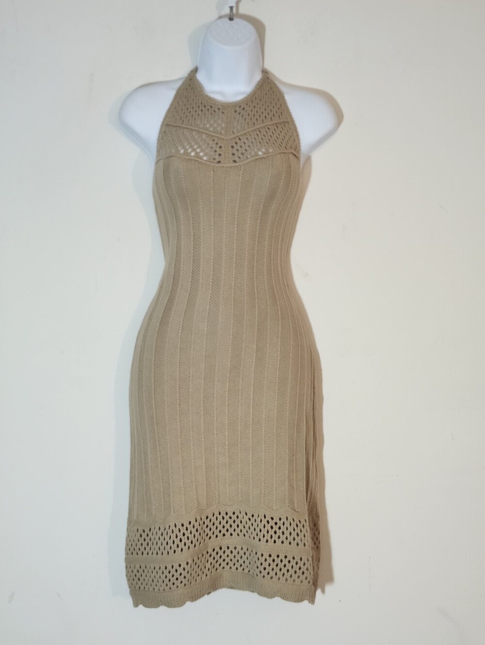Almost Famous Knit Crochet Halter Mini Dress Color:Beige, Size: L